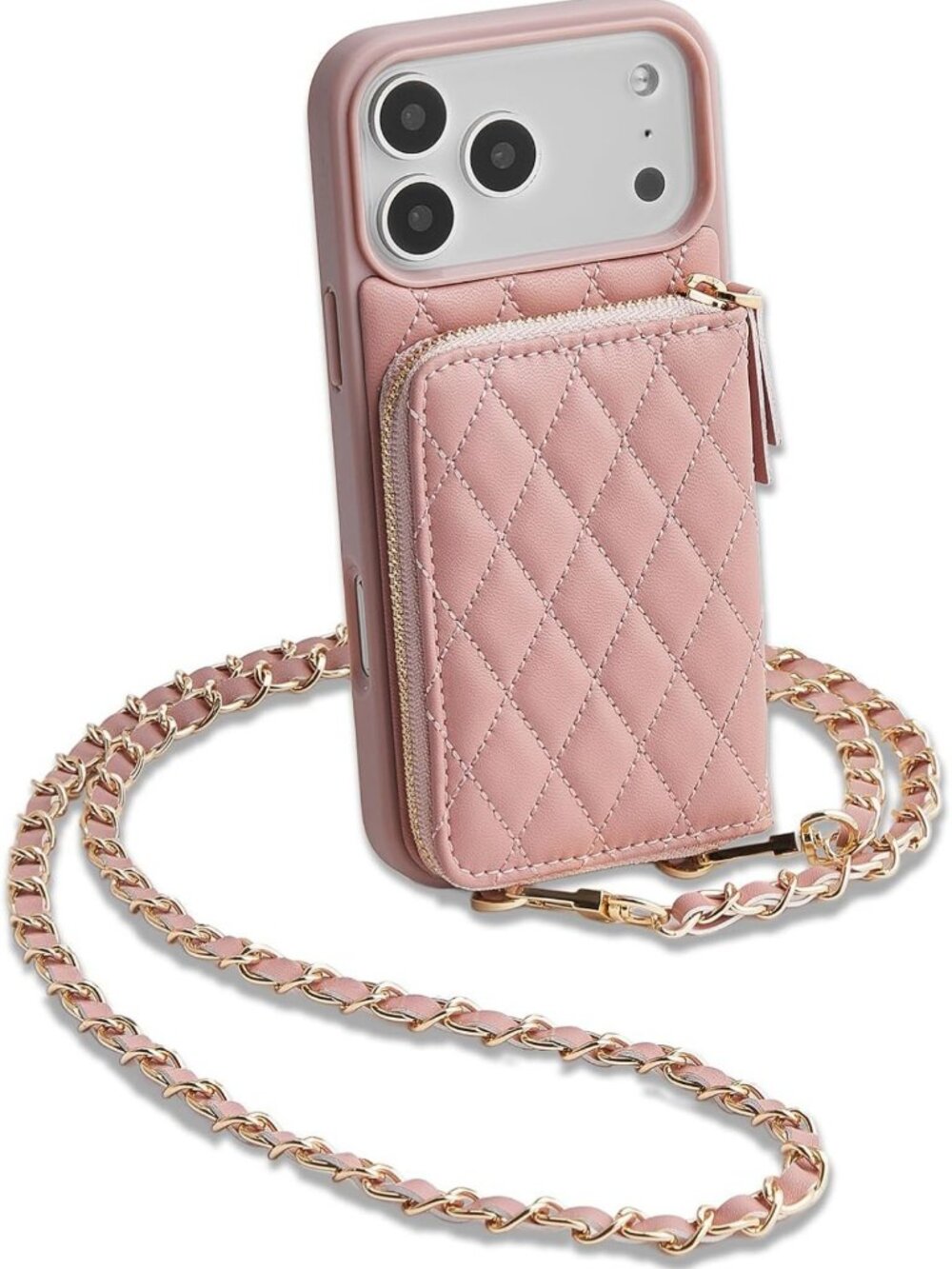 Stylish Pink iPhone 17 Pro Wallet Case with Card Holder & Wrist Strap, Crossbody